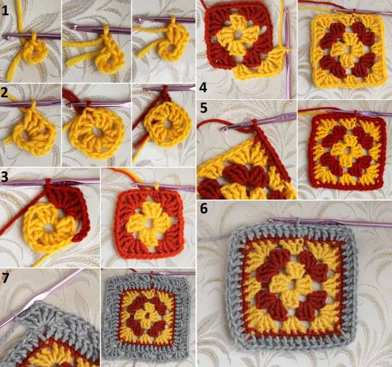 Бабушкин квадрат крючком - пошаговые схемы для начинающих с описанием вязания бабушкиного квадрата крючком