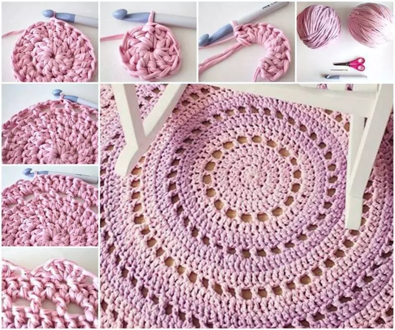 Коврик из трикотажной пряжи крючком - схемы для начинающих для вязания красивого прямоугольного, круглого, овального и квадратного коврика (133 фото)